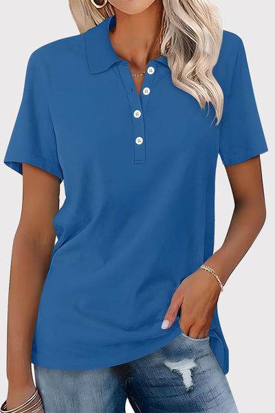 Casual Simplicity Solid Buckle Turndown Collar T-Shirts